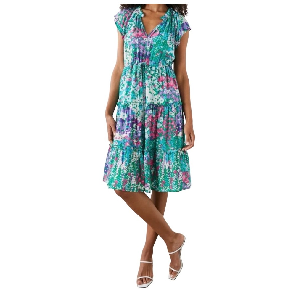 Rails Juni Gardenia Floral Midi Dress Green Purple Tiered Ruffle Drawstring‎ M